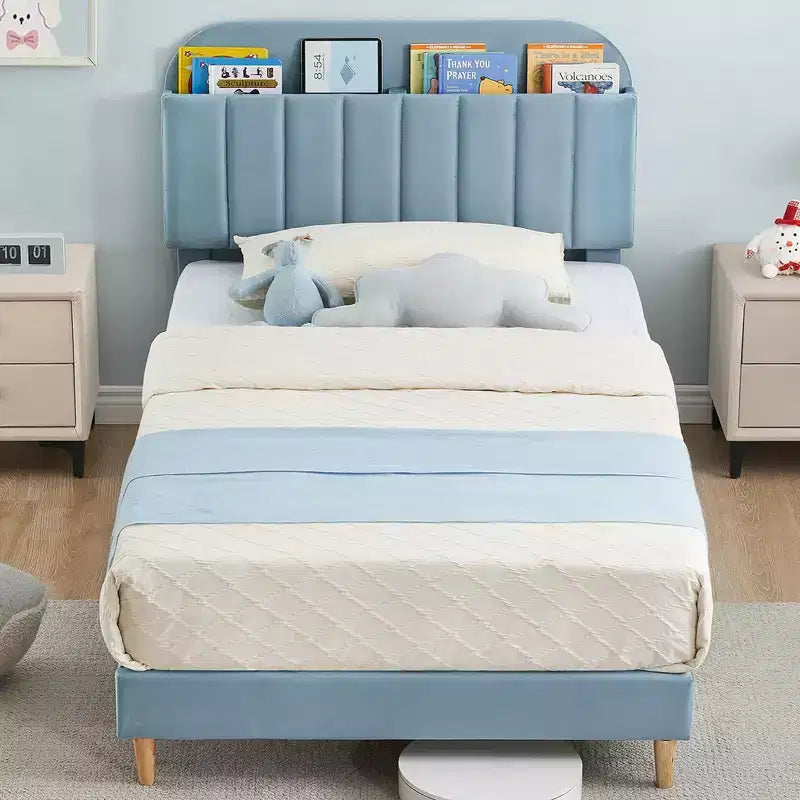 Twin Bed Frames, Velvet Upholstered Platform Bed Frame with Headboard and Strong Wooden Slats, No Box Spring Needed/Noise-Free/Easy Assembly, Pink