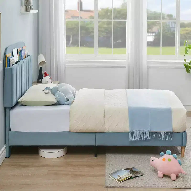Twin Bed Frames, Velvet Upholstered Platform Bed Frame with Headboard and Strong Wooden Slats, No Box Spring Needed/Noise-Free/Easy Assembly, Pink