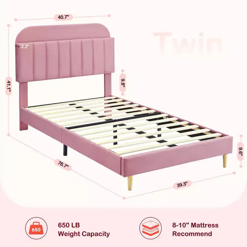 Twin Bed Frames, Velvet Upholstered Platform Bed Frame with Headboard and Strong Wooden Slats, No Box Spring Needed/Noise-Free/Easy Assembly, Pink