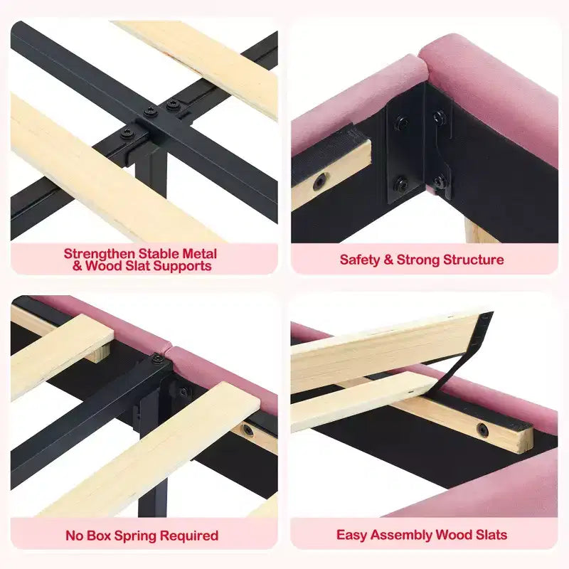 Twin Bed Frames, Velvet Upholstered Platform Bed Frame with Headboard and Strong Wooden Slats, No Box Spring Needed/Noise-Free/Easy Assembly, Pink
