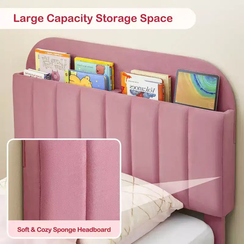 Twin Bed Frames, Velvet Upholstered Platform Bed Frame with Headboard and Strong Wooden Slats, No Box Spring Needed/Noise-Free/Easy Assembly, Pink