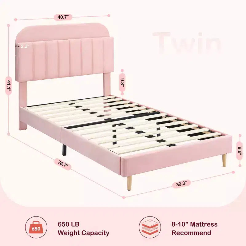 Twin Bed Frames, Velvet Upholstered Platform Bed Frame with Headboard and Strong Wooden Slats, No Box Spring Needed/Noise-Free/Easy Assembly, Pink