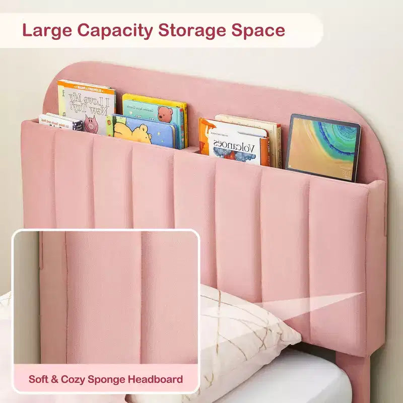 Twin Bed Frames, Velvet Upholstered Platform Bed Frame with Headboard and Strong Wooden Slats, No Box Spring Needed/Noise-Free/Easy Assembly, Pink