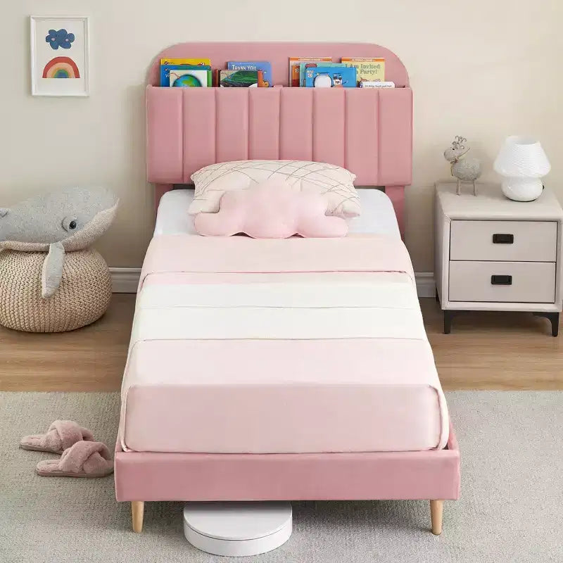 Twin Bed Frames, Velvet Upholstered Platform Bed Frame with Headboard and Strong Wooden Slats, No Box Spring Needed/Noise-Free/Easy Assembly, Pink