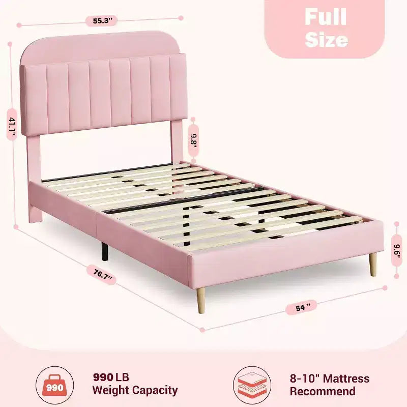 Twin Bed Frames, Velvet Upholstered Platform Bed Frame with Headboard and Strong Wooden Slats, No Box Spring Needed/Noise-Free/Easy Assembly, Pink