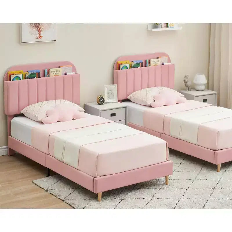 Twin Bed Frames, Velvet Upholstered Platform Bed Frame with Headboard and Strong Wooden Slats, No Box Spring Needed/Noise-Free/Easy Assembly, Pink