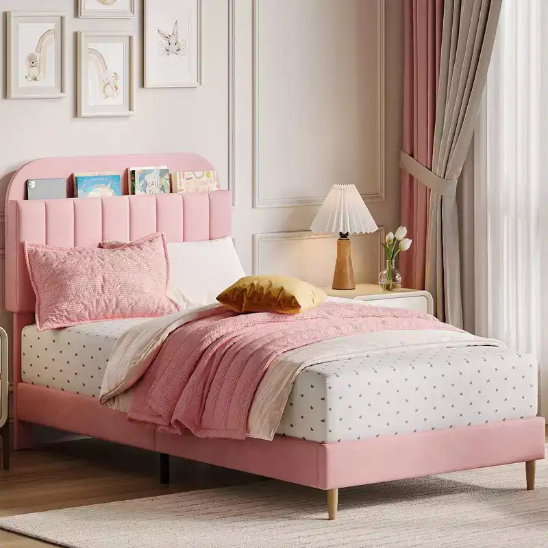 Twin Bed Frames, Velvet Upholstered Platform Bed Frame with Headboard and Strong Wooden Slats, No Box Spring Needed/Noise-Free/Easy Assembly, Pink