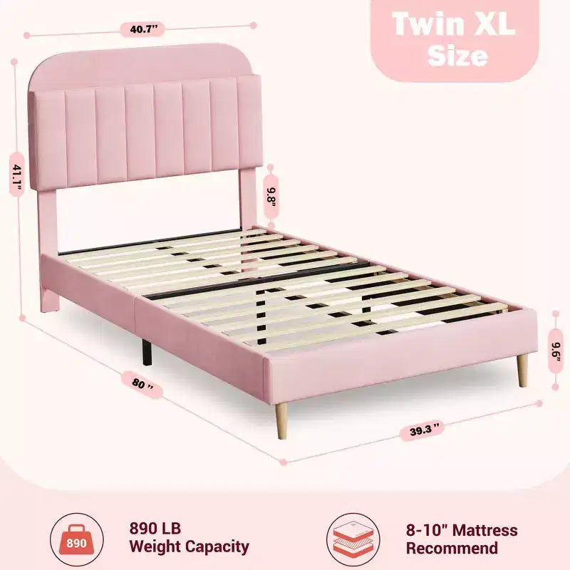 Twin Bed Frames, Velvet Upholstered Platform Bed Frame with Headboard and Strong Wooden Slats, No Box Spring Needed/Noise-Free/Easy Assembly, Pink