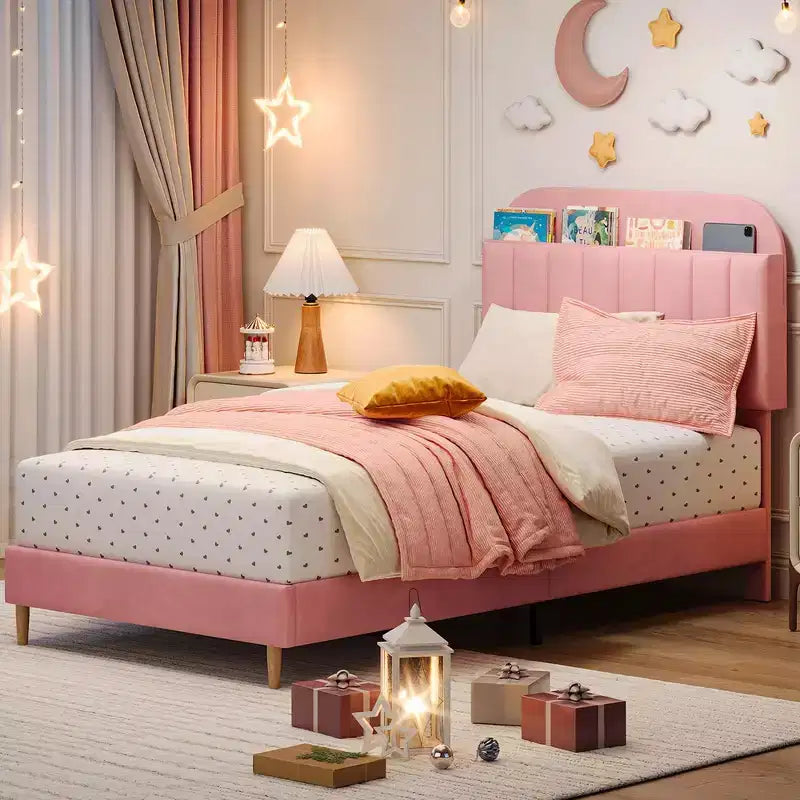 Twin Bed Frames, Velvet Upholstered Platform Bed Frame with Headboard and Strong Wooden Slats, No Box Spring Needed/Noise-Free/Easy Assembly, Pink