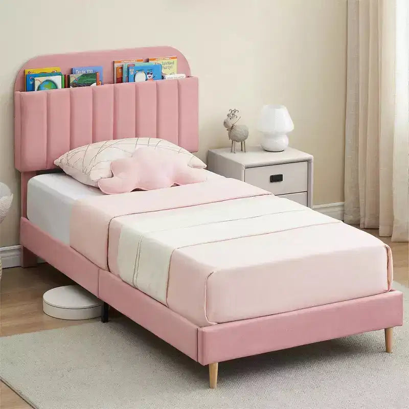 Twin Bed Frames, Velvet Upholstered Platform Bed Frame with Headboard and Strong Wooden Slats, No Box Spring Needed/Noise-Free/Easy Assembly, Pink