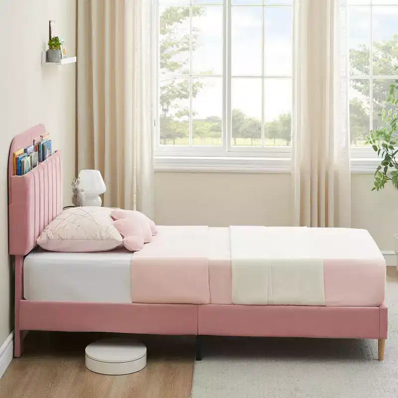 Twin Bed Frames, Velvet Upholstered Platform Bed Frame with Headboard and Strong Wooden Slats, No Box Spring Needed/Noise-Free/Easy Assembly, Pink
