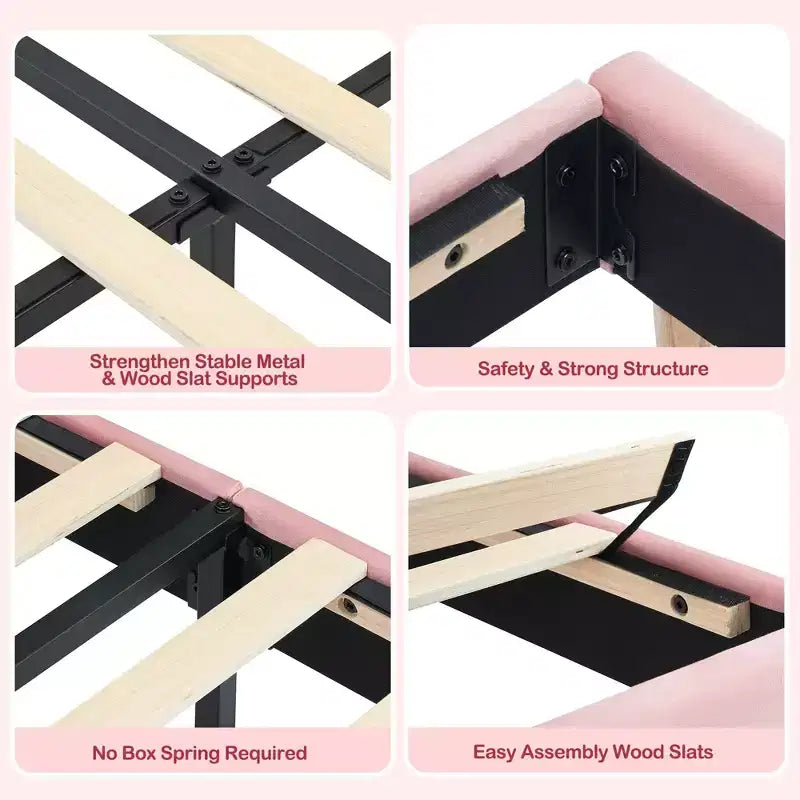 Twin Bed Frames, Velvet Upholstered Platform Bed Frame with Headboard and Strong Wooden Slats, No Box Spring Needed/Noise-Free/Easy Assembly, Pink