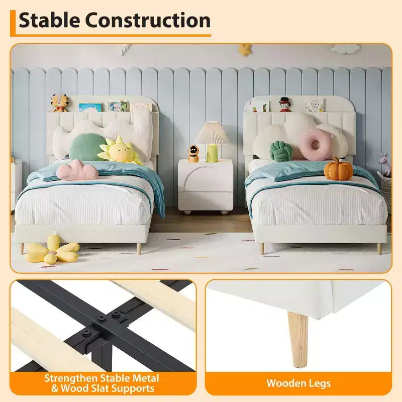 Twin Bed Frames, Velvet Upholstered Platform Bed Frame with Headboard and Strong Wooden Slats, No Box Spring Needed/Noise-Free/Easy Assembly, Pink