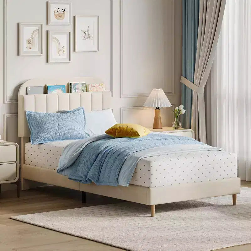 Twin Bed Frames, Velvet Upholstered Platform Bed Frame with Headboard and Strong Wooden Slats, No Box Spring Needed/Noise-Free/Easy Assembly, Pink