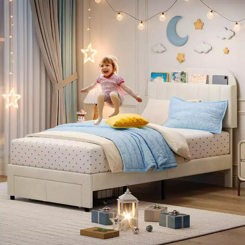 Twin Bed Frames, Velvet Upholstered Platform Bed Frame with Headboard and Strong Wooden Slats, No Box Spring Needed/Noise-Free/Easy Assembly, Pink