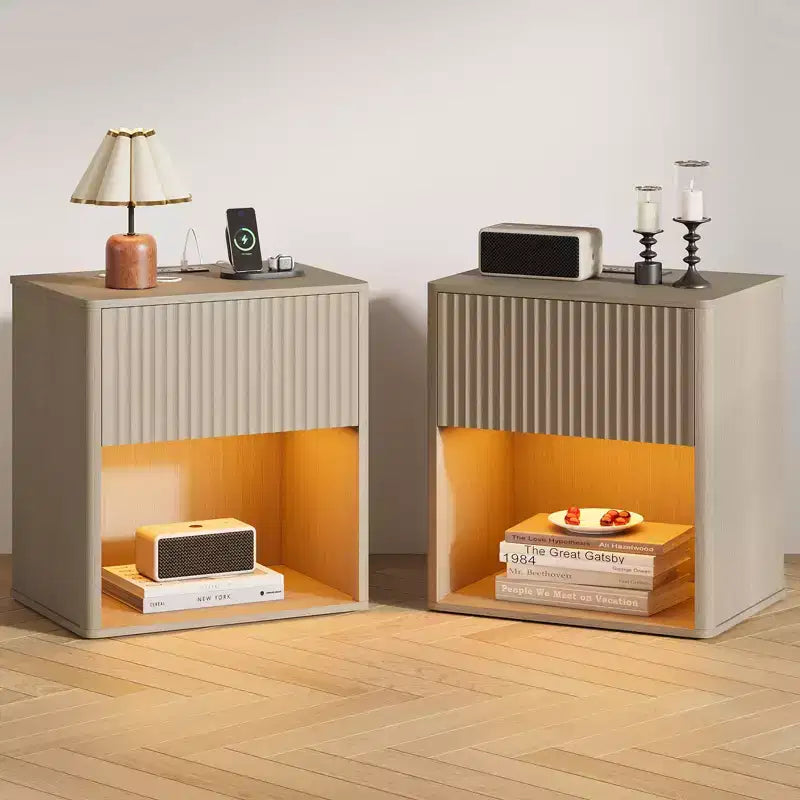 Nightstand, recessed nightstand with socket and L lamp, large modern wide nightstand for bedroom, living room, sofa, home office, 2-pack