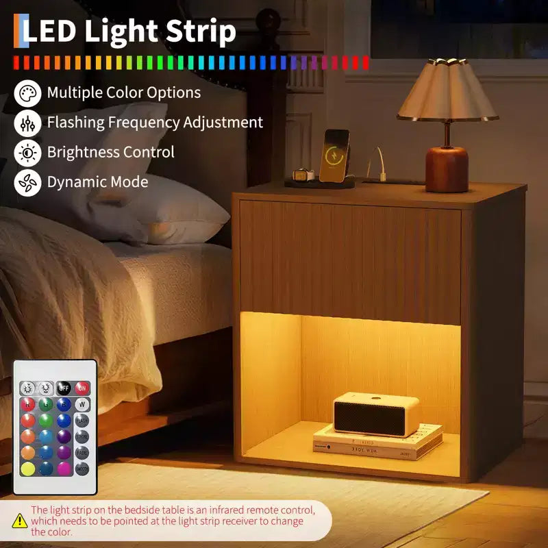 Nightstand, recessed nightstand with socket and L lamp, large modern wide nightstand for bedroom, living room, sofa, home office, 2-pack