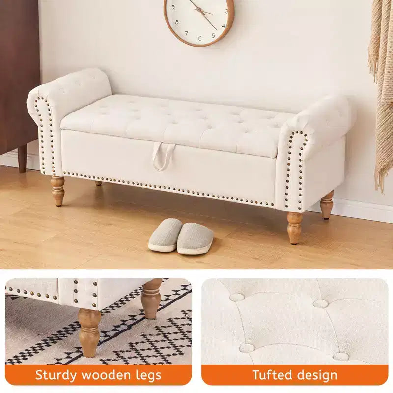 Furniliving 51 Button-Tufted Large Upholstered Bench Ottoman Linen with Storage, for Bedroom/Entryway/Living Room