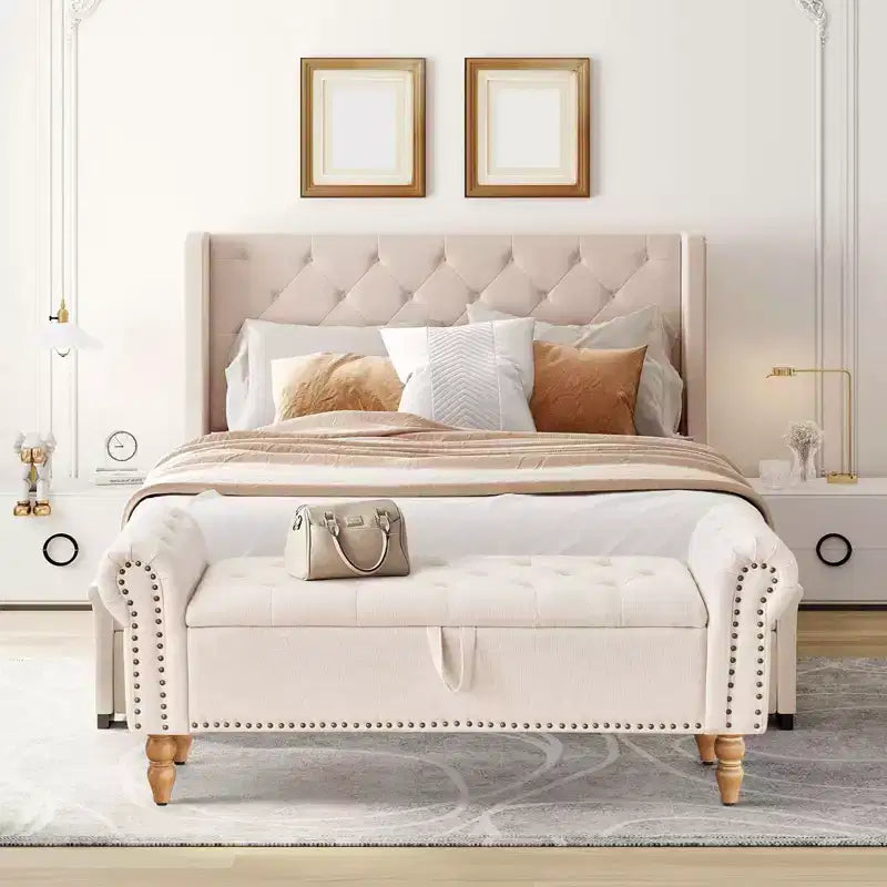 Furniliving 51 Button-Tufted Large Upholstered Bench Ottoman Linen with Storage, for Bedroom/Entryway/Living Room