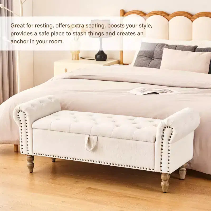 Furniliving 51 Button-Tufted Large Upholstered Bench Ottoman Linen with Storage, for Bedroom/Entryway/Living Room