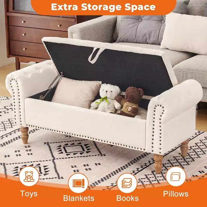 Furniliving 51 Button-Tufted Large Upholstered Bench Ottoman Linen with Storage, for Bedroom/Entryway/Living Room