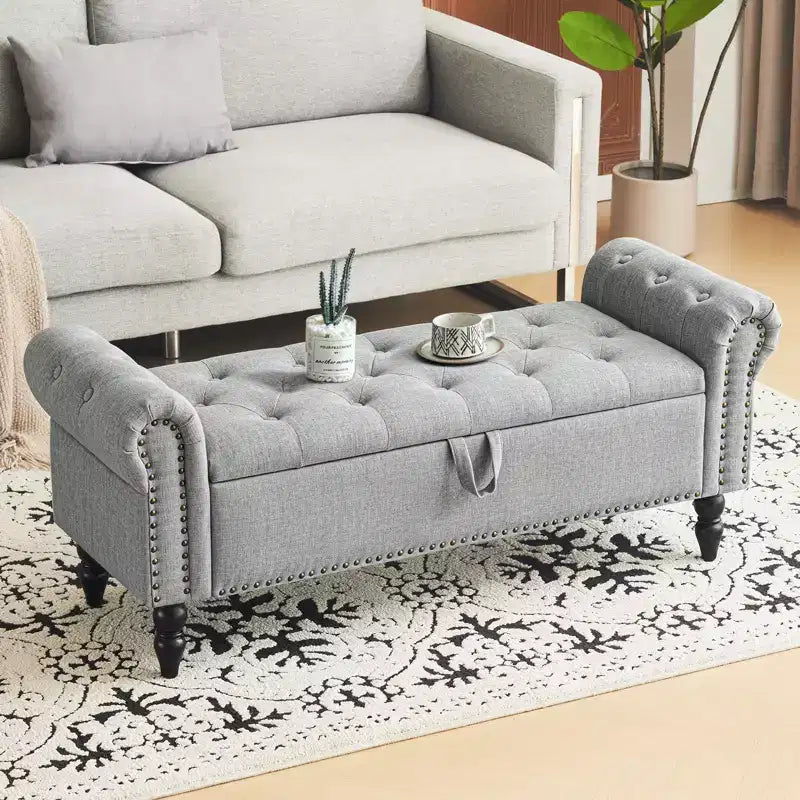 Furniliving 51 Button-Tufted Large Upholstered Bench Ottoman Linen with Storage, for Bedroom/Entryway/Living Room