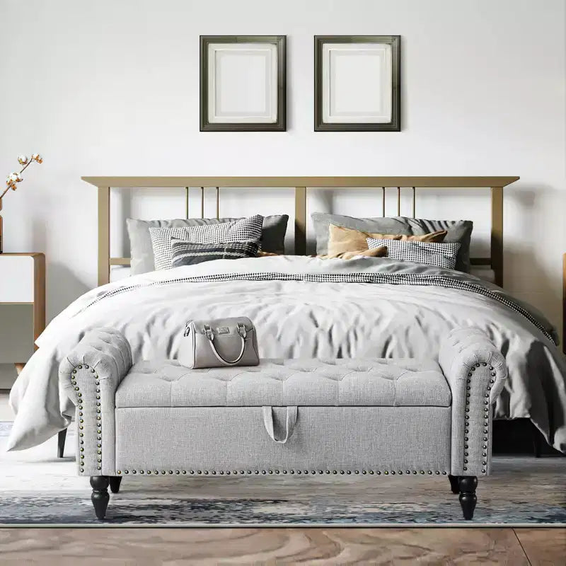Furniliving 51 Button-Tufted Large Upholstered Bench Ottoman Linen with Storage, for Bedroom/Entryway/Living Room