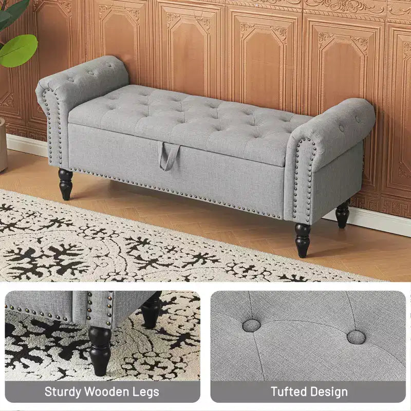 Furniliving 51 Button-Tufted Large Upholstered Bench Ottoman Linen with Storage, for Bedroom/Entryway/Living Room