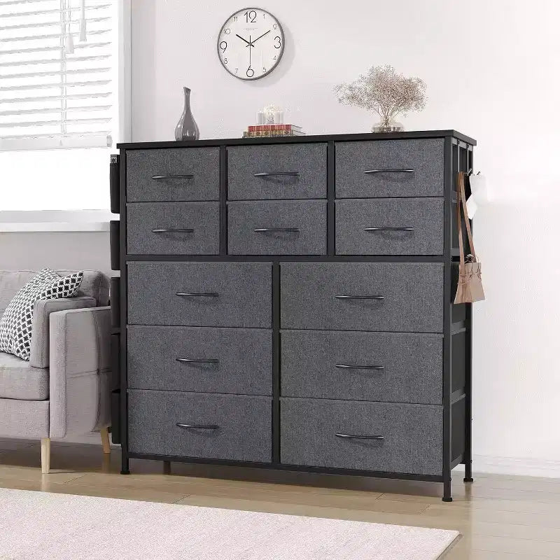 Acekool 12 Drawer Dresser, Tall Fabric Storage Tower with Wooden Top, Side Pockets & Hooks, Chest of Drawers for Bedroom, Closet, Hallway