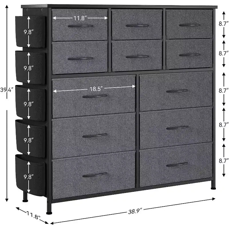 Acekool 12 Drawer Dresser, Tall Fabric Storage Tower with Wooden Top, Side Pockets & Hooks, Chest of Drawers for Bedroom, Closet, Hallway