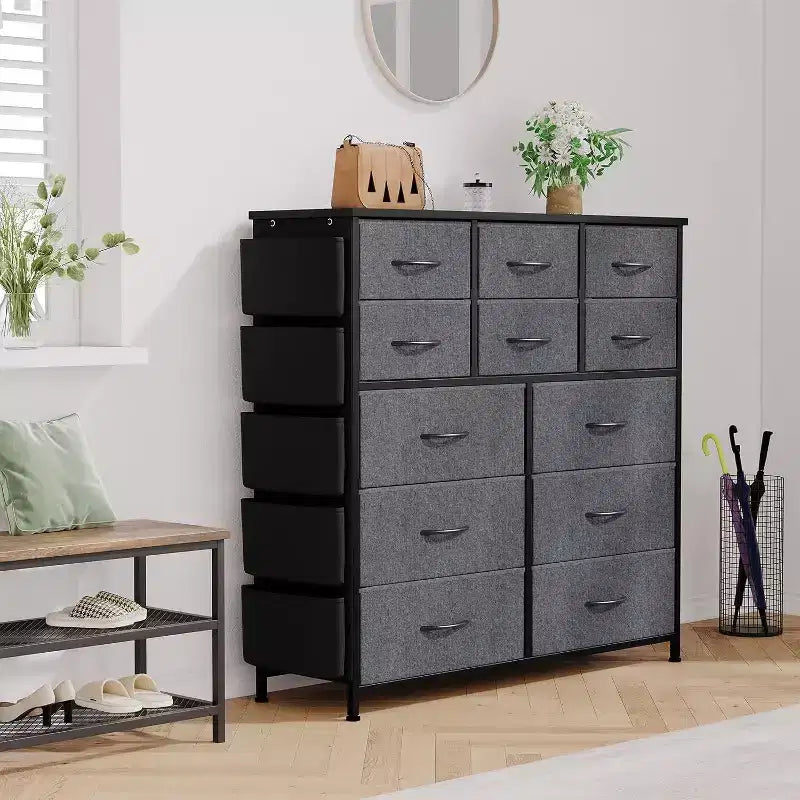 Acekool 12 Drawer Dresser, Tall Fabric Storage Tower with Wooden Top, Side Pockets & Hooks, Chest of Drawers for Bedroom, Closet, Hallway