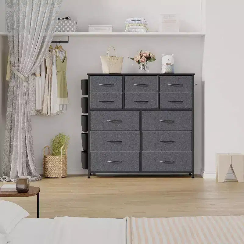 Acekool 12 Drawer Dresser, Tall Fabric Storage Tower with Wooden Top, Side Pockets & Hooks, Chest of Drawers for Bedroom, Closet, Hallway