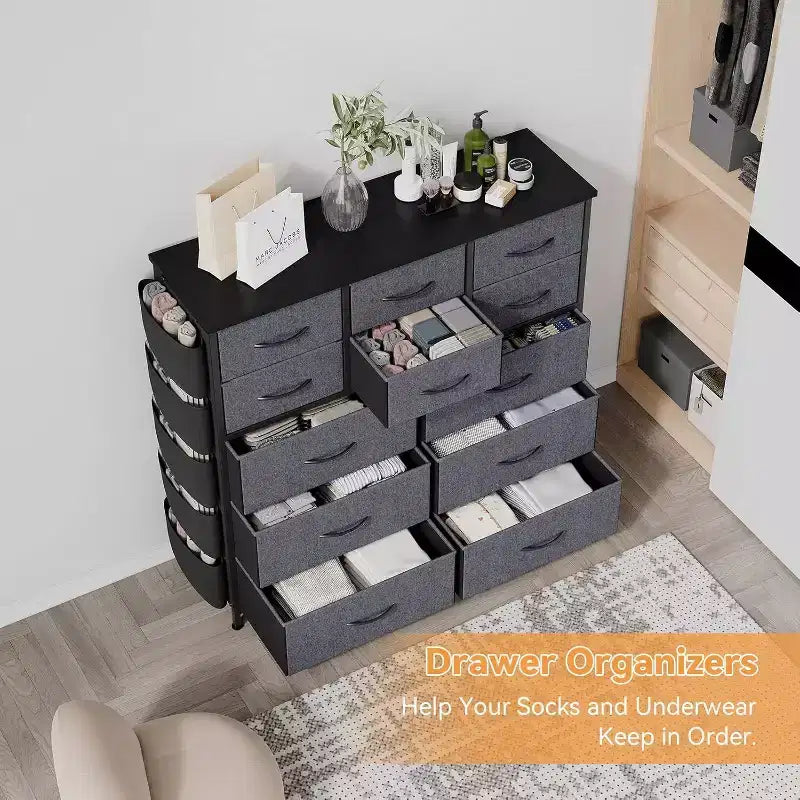 Acekool 12 Drawer Dresser, Tall Fabric Storage Tower with Wooden Top, Side Pockets & Hooks, Chest of Drawers for Bedroom, Closet, Hallway