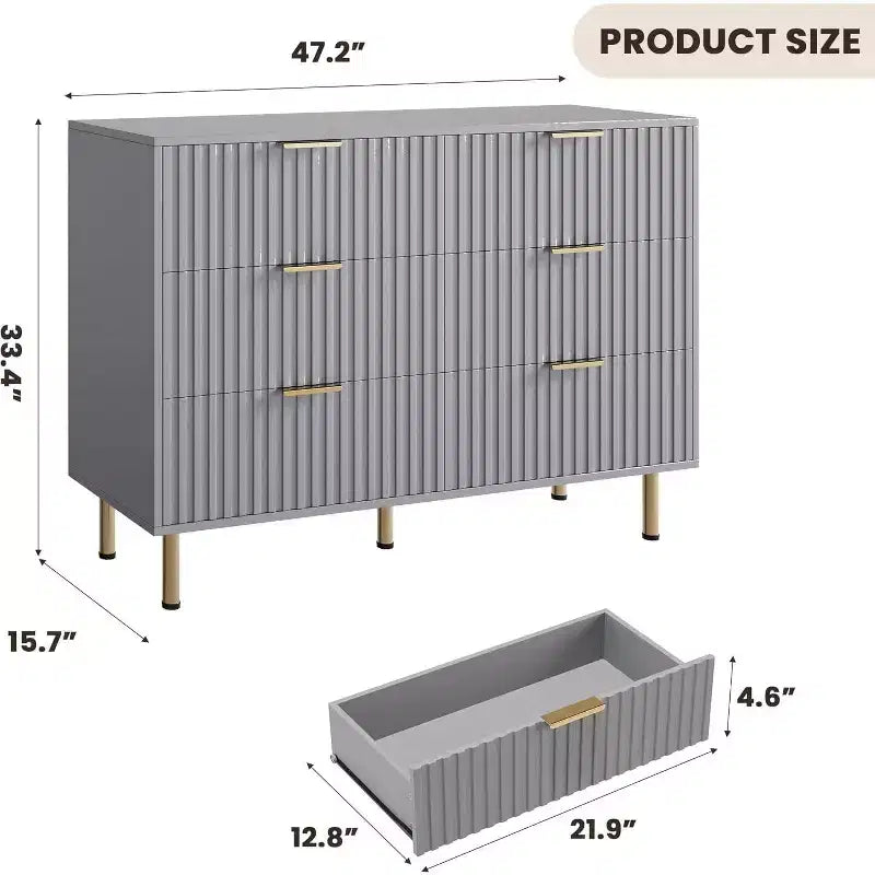 Bedroom 6 Drawer Storage Chest, 47.2 Inch Wide Modern Built-in Dresser with Deep Drawers for Living Room, Hallway, Kids Room