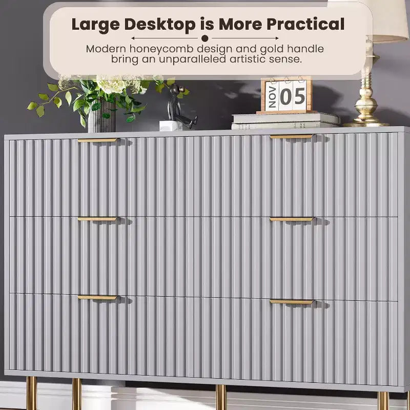 Bedroom 6 Drawer Storage Chest, 47.2 Inch Wide Modern Built-in Dresser with Deep Drawers for Living Room, Hallway, Kids Room