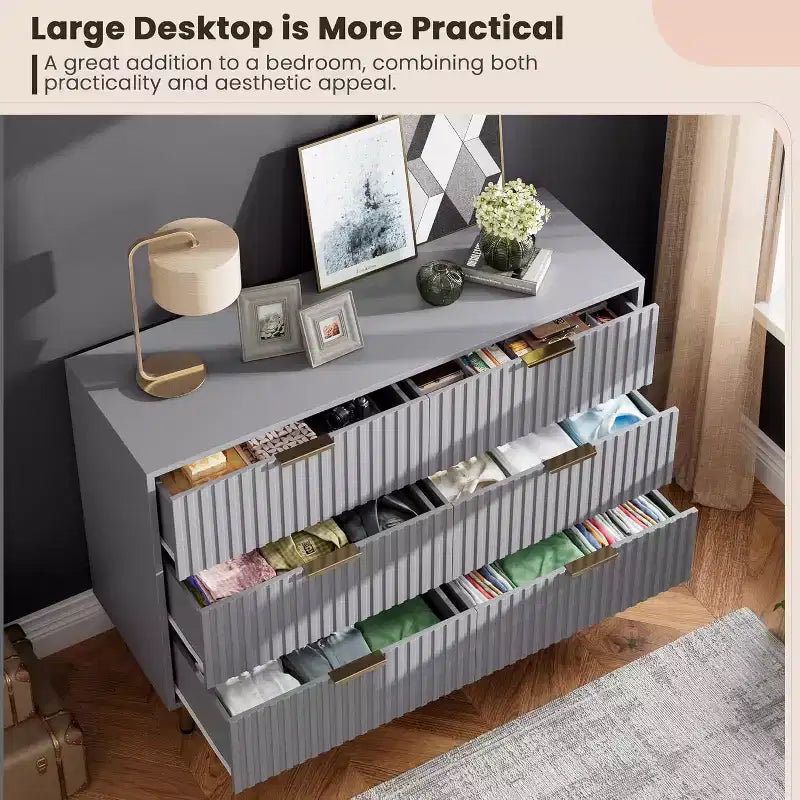 Bedroom 6 Drawer Storage Chest, 47.2 Inch Wide Modern Built-in Dresser with Deep Drawers for Living Room, Hallway, Kids Room
