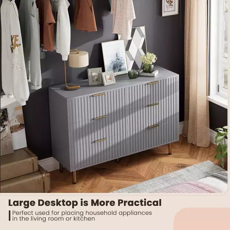 Bedroom 6 Drawer Storage Chest, 47.2 Inch Wide Modern Built-in Dresser with Deep Drawers for Living Room, Hallway, Kids Room