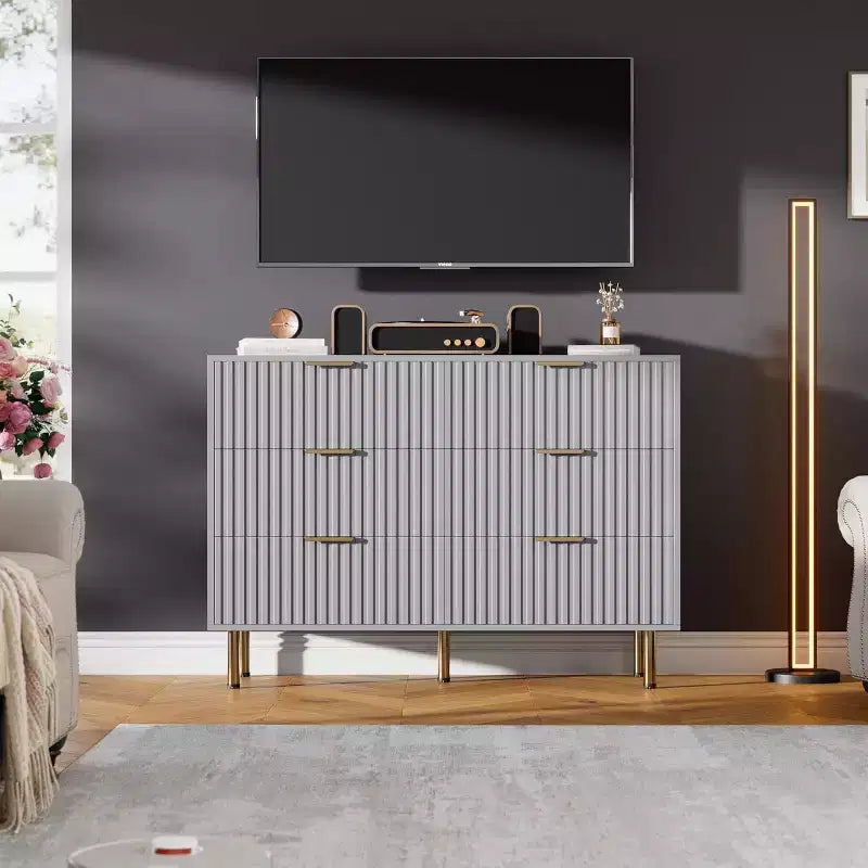 Bedroom 6 Drawer Storage Chest, 47.2 Inch Wide Modern Built-in Dresser with Deep Drawers for Living Room, Hallway, Kids Room