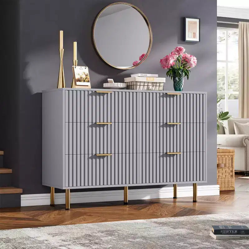Bedroom 6 Drawer Storage Chest, 47.2 Inch Wide Modern Built-in Dresser with Deep Drawers for Living Room, Hallway, Kids Room