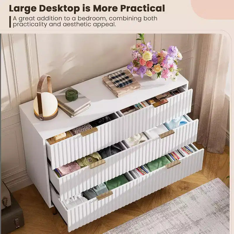 Bedroom 6 Drawer Storage Chest, 47.2 Inch Wide Modern Built-in Dresser with Deep Drawers for Living Room, Hallway, Kids Room