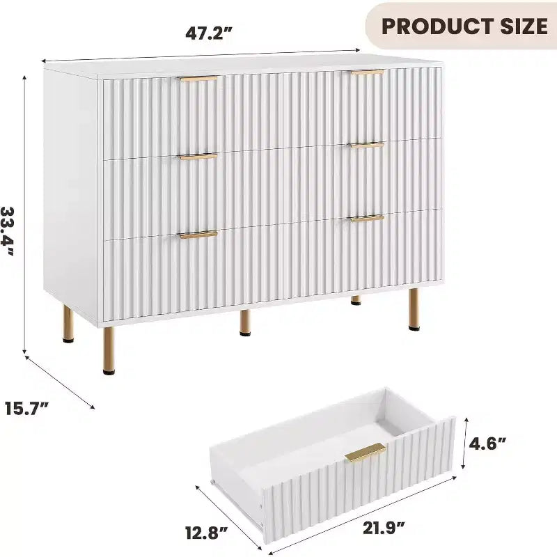 Bedroom 6 Drawer Storage Chest, 47.2 Inch Wide Modern Built-in Dresser with Deep Drawers for Living Room, Hallway, Kids Room