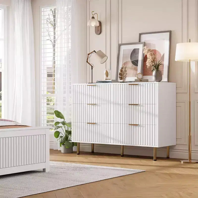 Bedroom 6 Drawer Storage Chest, 47.2 Inch Wide Modern Built-in Dresser with Deep Drawers for Living Room, Hallway, Kids Room