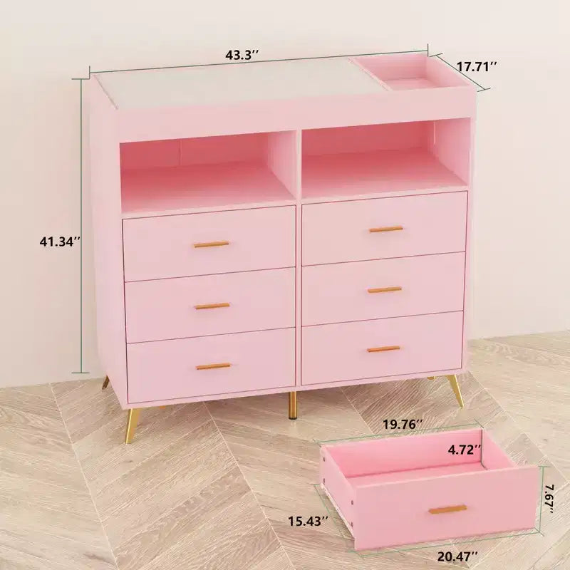 Storage cabinet with drawers, changing table dresser, power socket, with light and metal legs, suitable for living room, bedroom and baby room