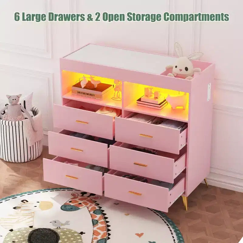 Storage cabinet with drawers, changing table dresser, power socket, with light and metal legs, suitable for living room, bedroom and baby room