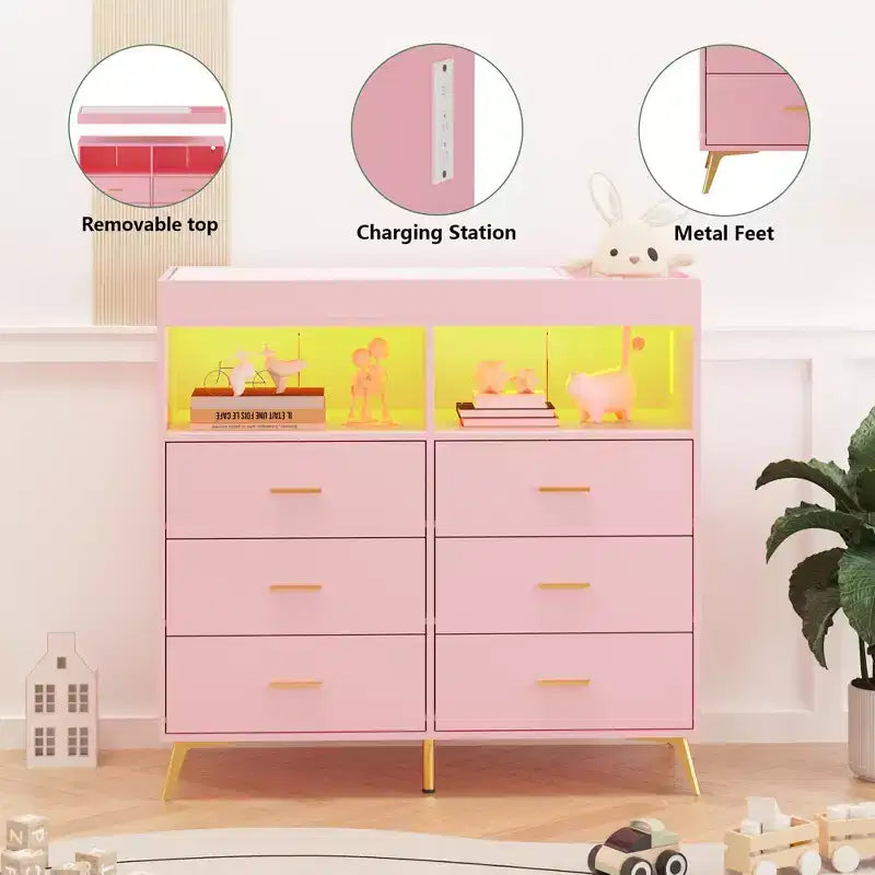 Storage cabinet with drawers, changing table dresser, power socket, with light and metal legs, suitable for living room, bedroom and baby room