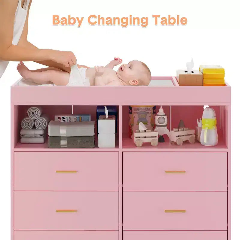 Storage cabinet with drawers, changing table dresser, power socket, with light and metal legs, suitable for living room, bedroom and baby room