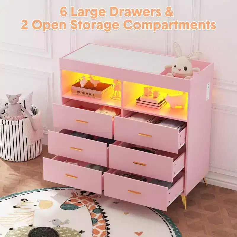 Storage cabinet with drawers, changing table dresser, power socket, with light and metal legs, suitable for living room, bedroom and baby room