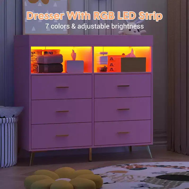 Storage cabinet with drawers, changing table dresser, power socket, with light and metal legs, suitable for living room, bedroom and baby room
