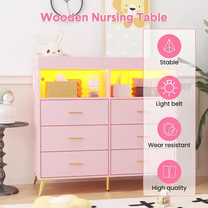 Storage cabinet with drawers, changing table dresser, power socket, with light and metal legs, suitable for living room, bedroom and baby room