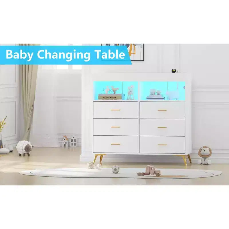 Storage cabinet with drawers, changing table dresser, power socket, with light and metal legs, suitable for living room, bedroom and baby room